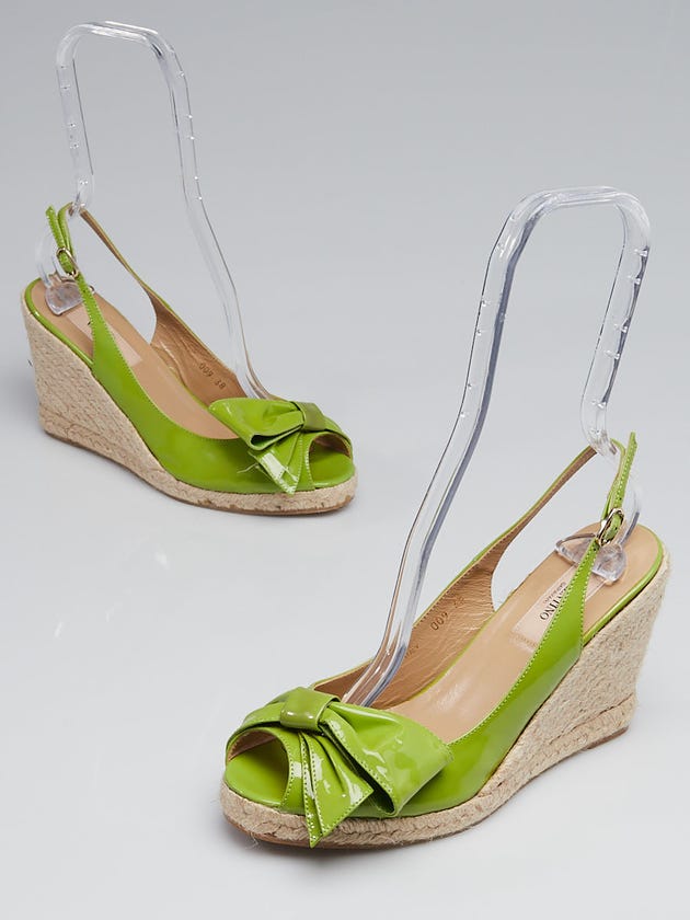 Valentino Green Patent Leather Bow Slingback Espadrille Wedges Size 7.5/38