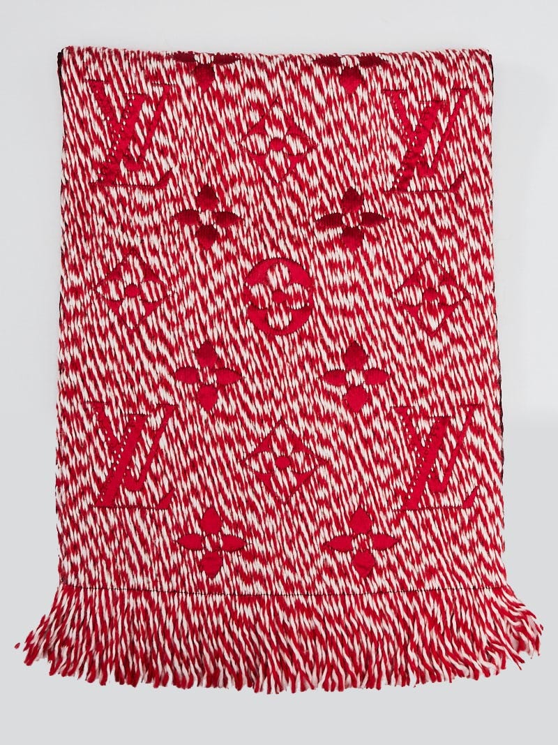 Louis Vuitton Red/White Wool/Silk Logomania Scarf - Yoogi's Closet