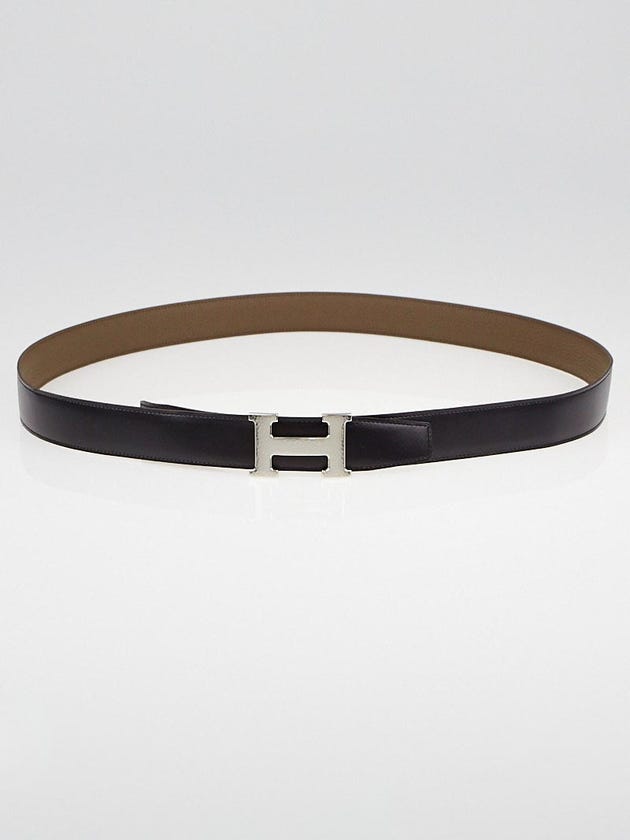 Hermes 32mm Black Box / Etoupe Clemence Leather Hammered Palladium Plated Constance H Belt Size 120