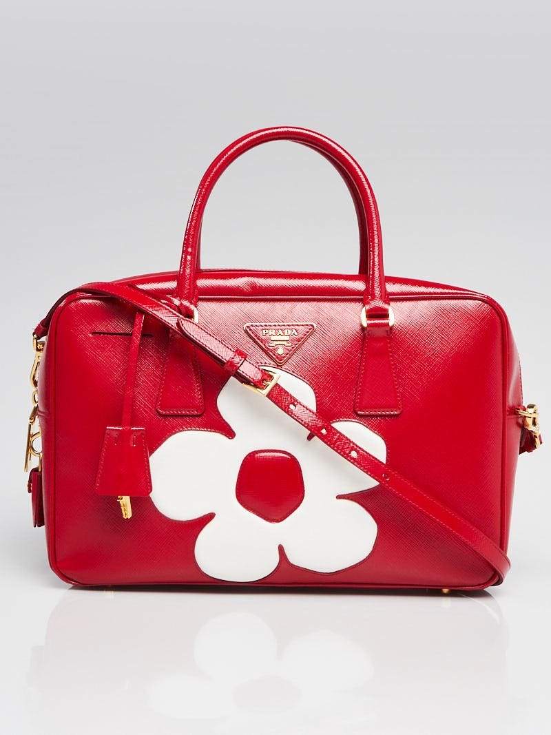 Prada Rosso Saffiano Vernice Patent Leather Flower Top Handle Bauletto Tote  Bag BL095C - Yoogi's Closet