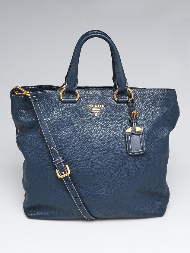 Prada Blue Vitello Daino Leather Shopping Tote Bag