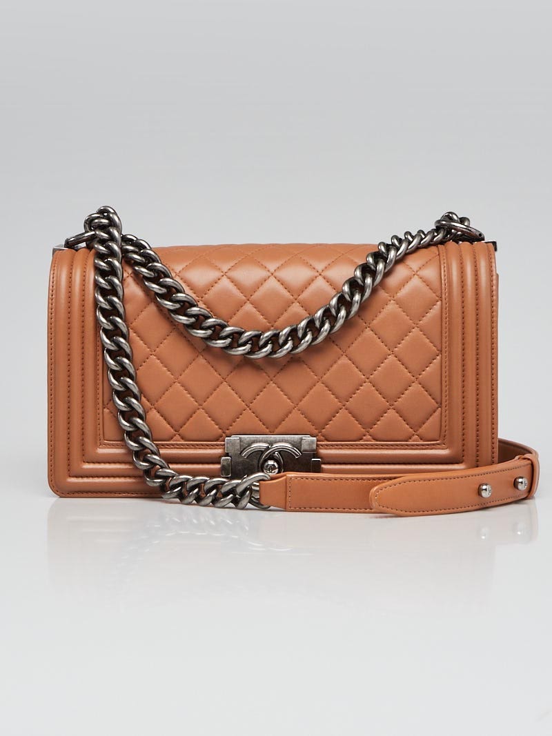Chanel Dark Beige Quilted Lambskin Leather Medium Boy Bag - Yoogi's Closet