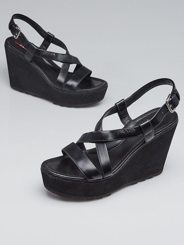 Prada Black Leather Wedge Sandals 10/40.5