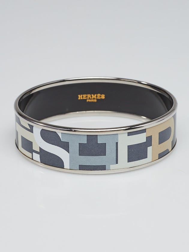 Hermes Grey/Beige Captials Enamel Printed Palladium Plated Wide Bracelet Size 62