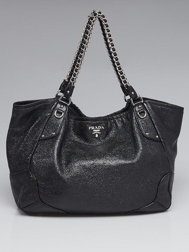 Prada Black Cervo Lux Leather Chain Strap Large Tote Bag BR3798
