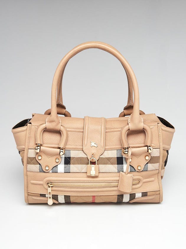 Burberry Beige Leather House Check Quilted Canvas Large Manor Bag