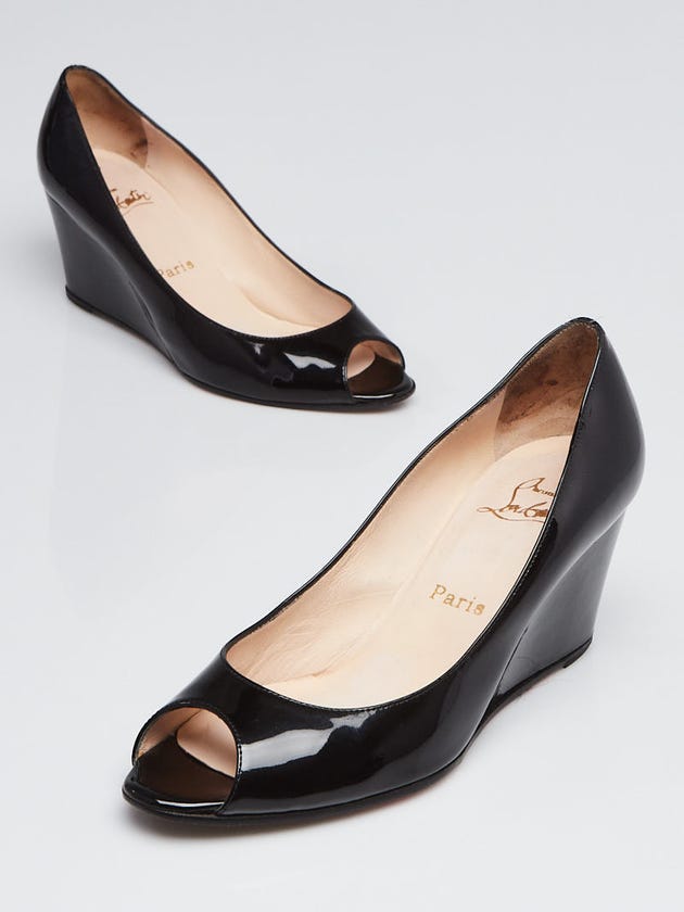 Christian Louboutin Black Patent Leather Materna Zeppa 70 Peep-Toe Wedges Size 9/39.5
