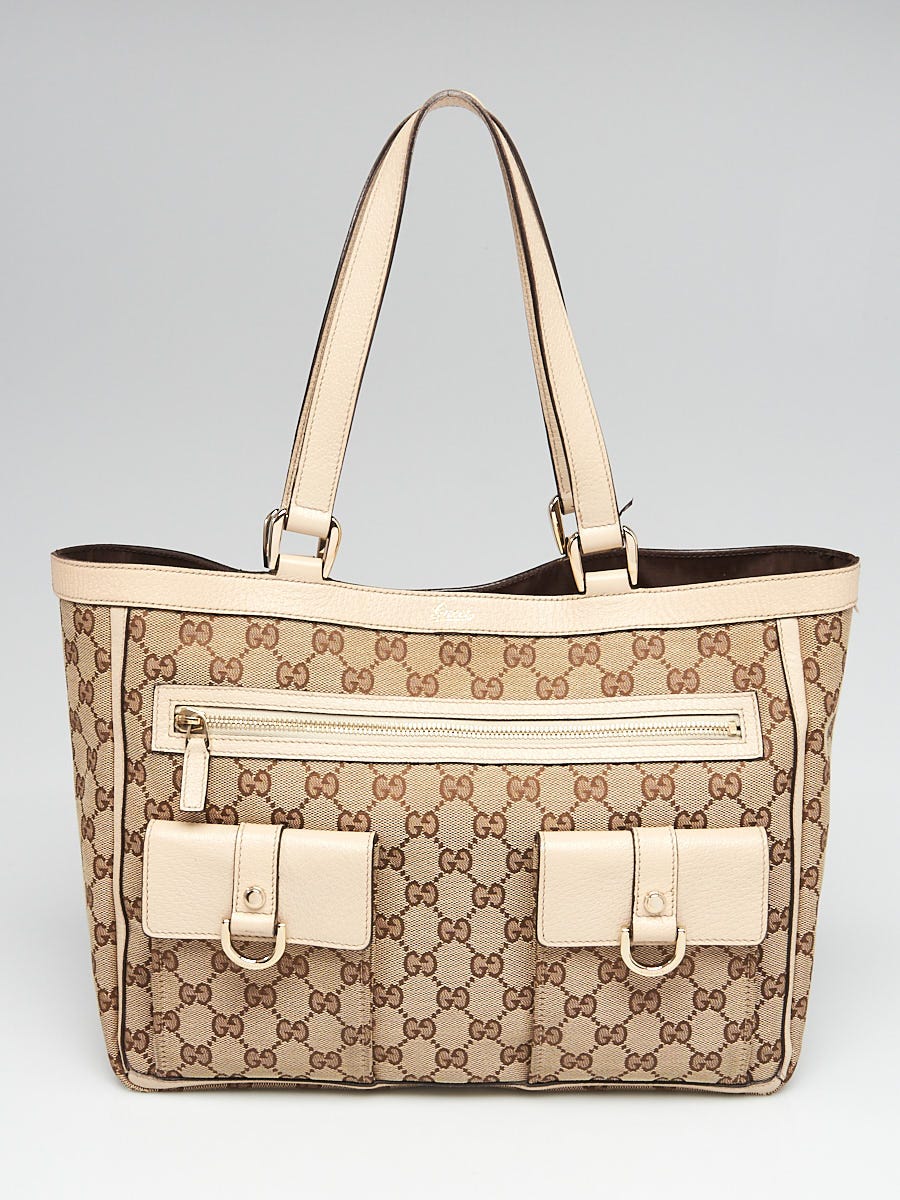 Gucci Abbey Beige White Canvas Authentic Leather Vintage Tote 
