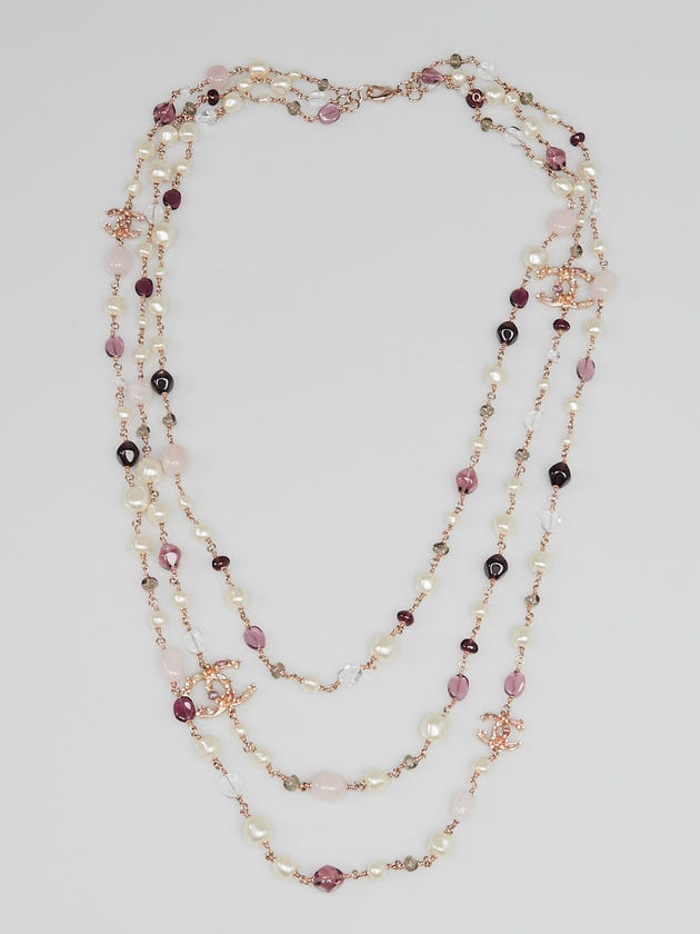 Chanel Pink/Purple Stone Faux Pearl and Crystal CC Three-Strand Long Necklace
