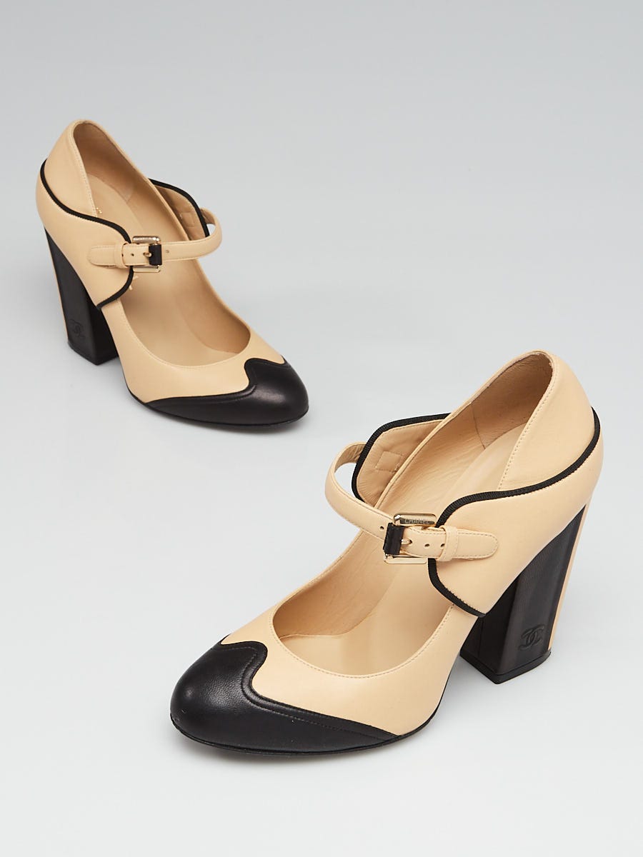 Chanel Beige/Black Leather Cap Toe Mary Jane Heels Size 6.5/37
