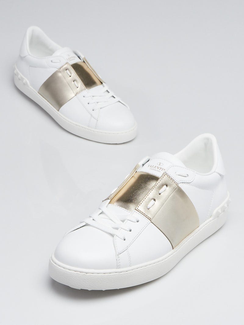 Valentino White/Gold Leather Rockstud Low-Top Sneakers Men's Size 41 - Closet