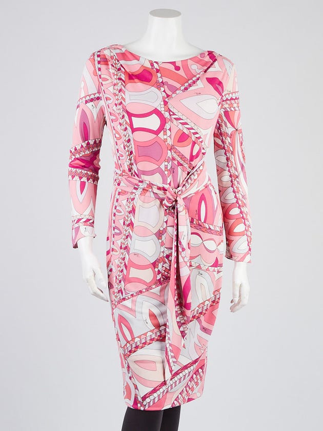 Emilio Pucci Pink/White Print Rayon Long Sleeve Dress Size 8