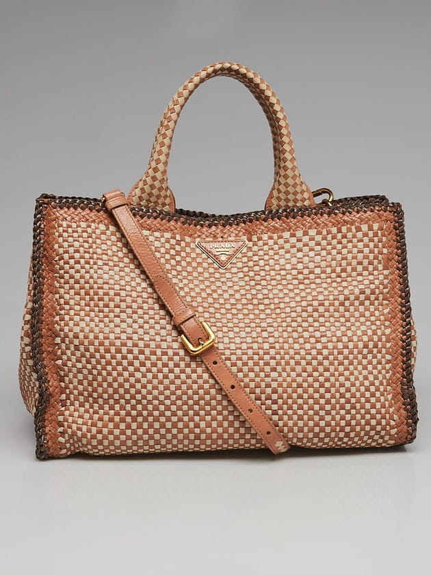 Prada Brown/Tan/Beige Woven Goatskin Leather Madras Satchel Bag
