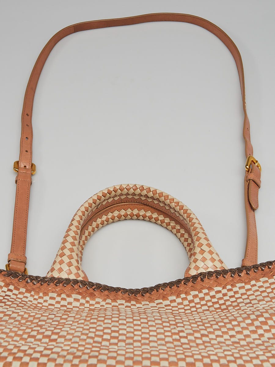 Prada Brown/Tan/Beige Woven Goatskin Leather Madras Satchel Bag