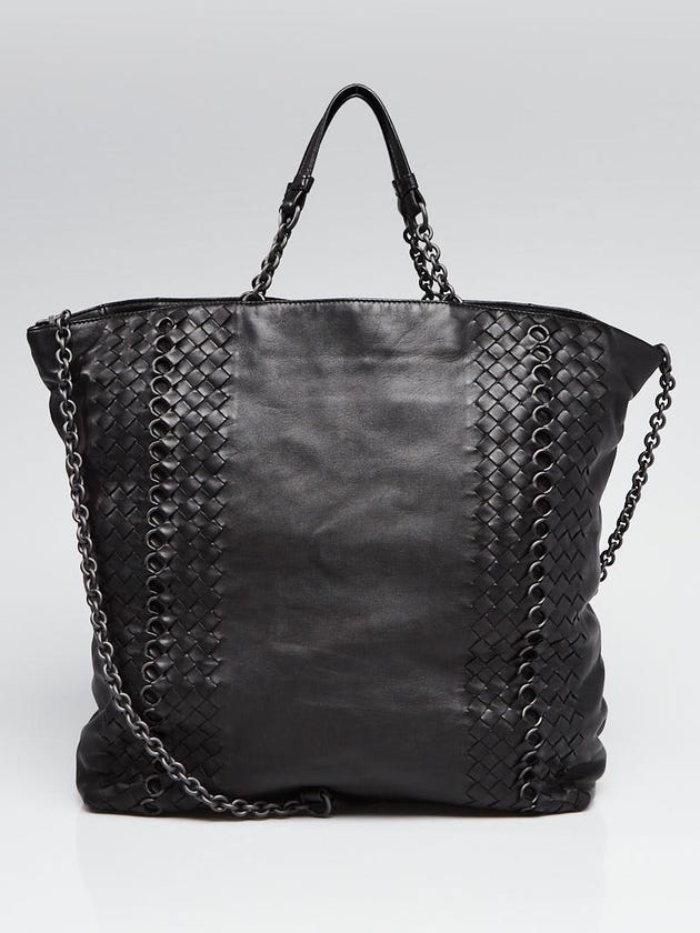 Bottega Veneta Black Intrecciato Woven Leather and Chain Tote Bag