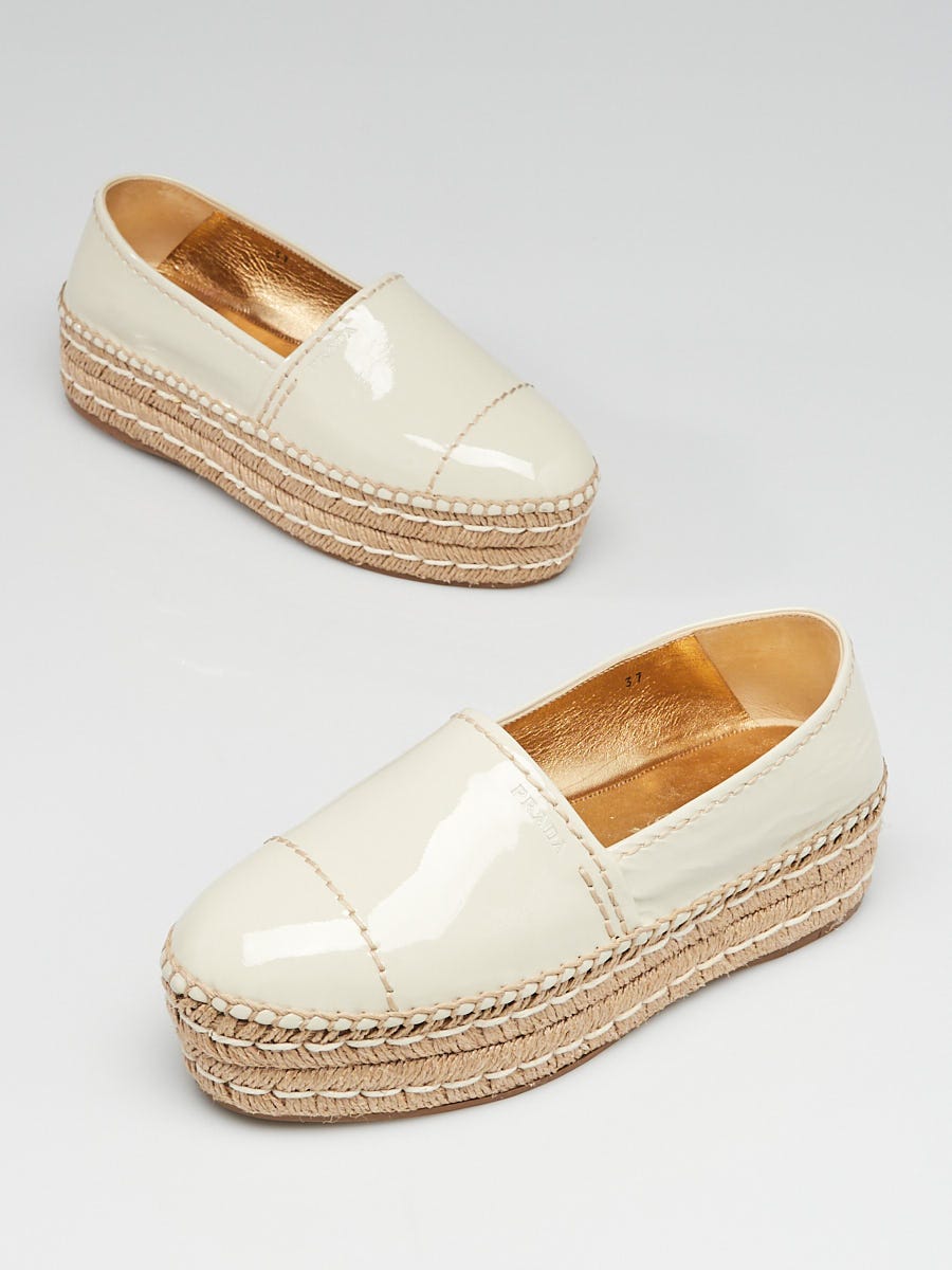 Prada Beige Patent Leather Platform Espadrilles Size 6.5/37