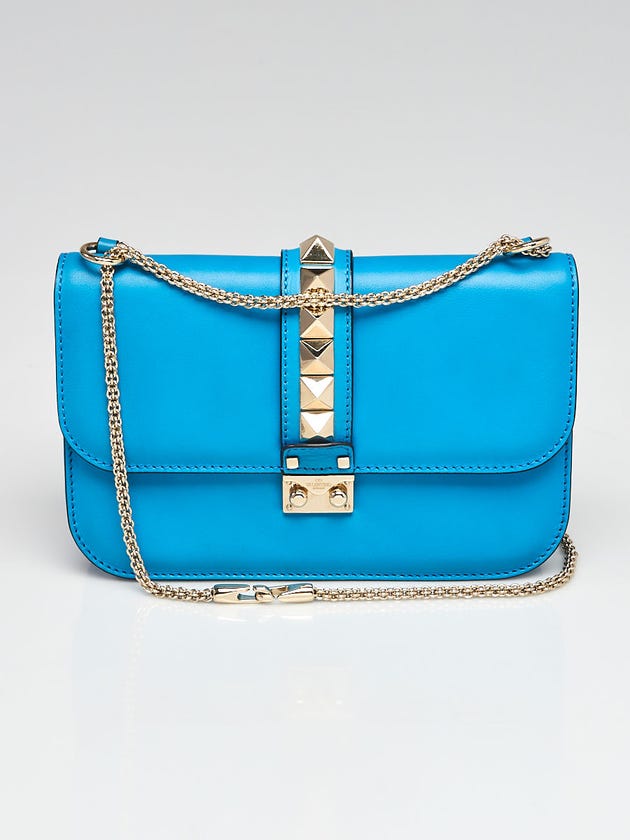 Valentino Bright Blue Leather Rockstud Glam Lock Medium Flap Bag