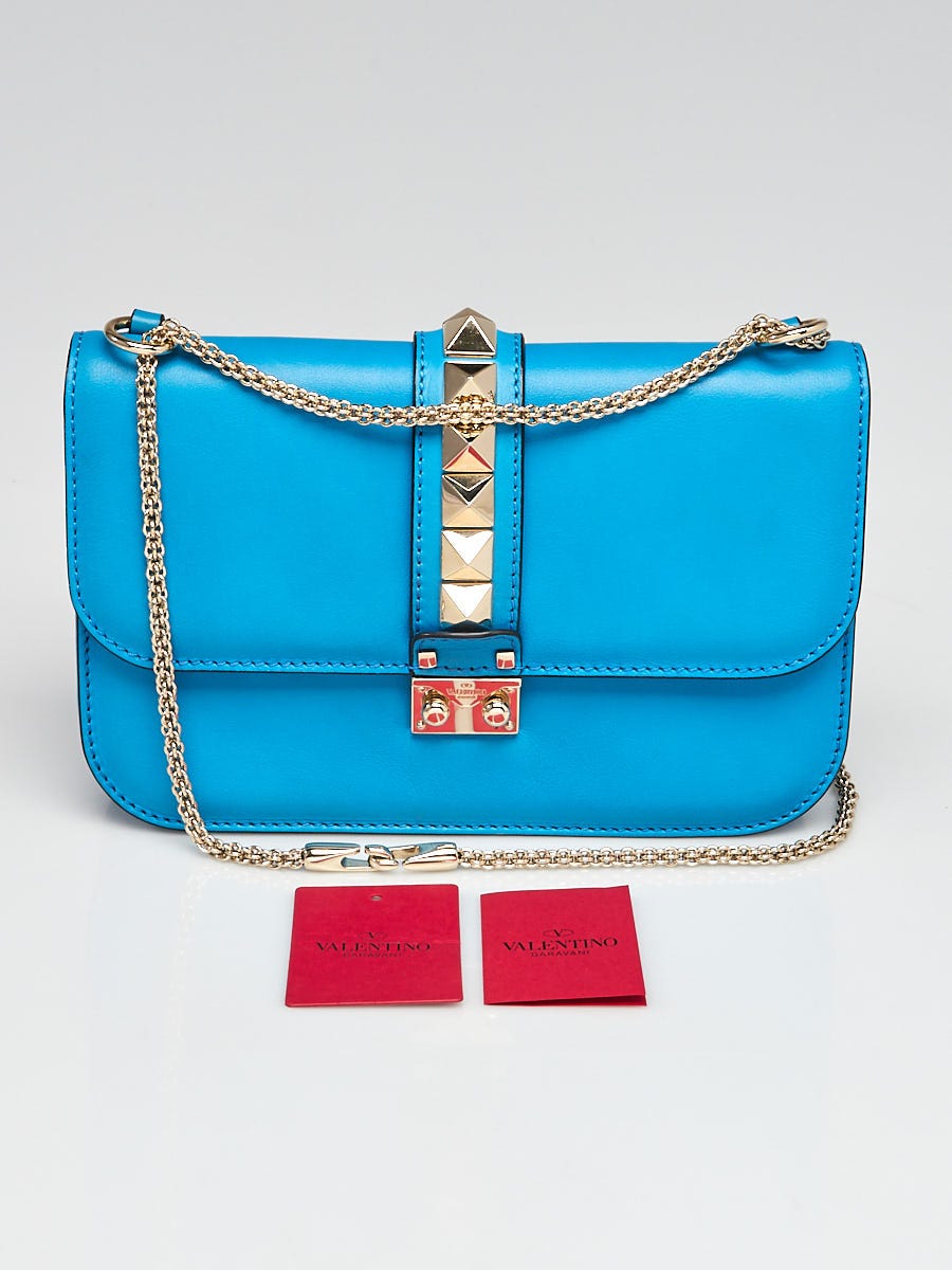 Valentino Bright Blue Leather Rockstud Glam Lock Medium Flap Bag - Yoogi's  Closet