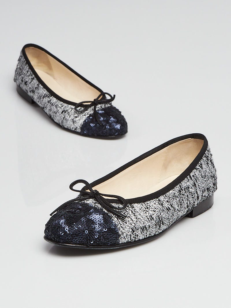 Chanel Silver Tweed and Blue Sequin Cap Toe CC Ballet Flats Size