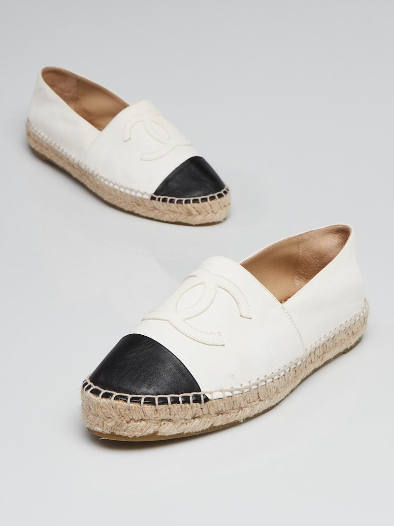 Chanel White/Black Lambskin Leather CC Espadrille Flats Size 7.5/38 -  Yoogi's Closet