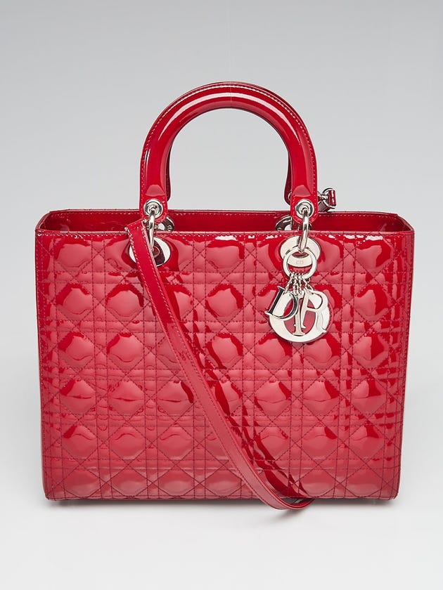 Christian Dior Red Quilted Cannage Patent Leather Large Lady Dior Bag