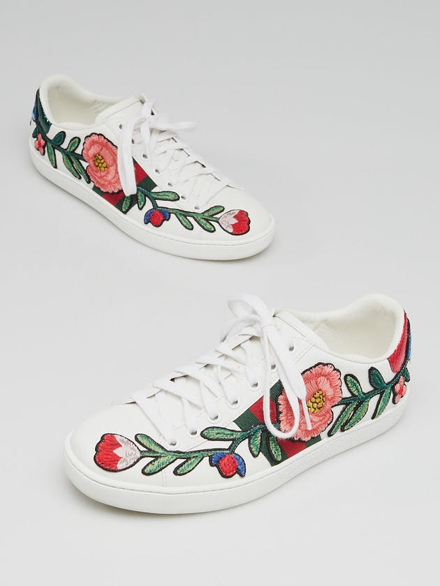 Gucci White Leather Ace Floral Embroidered Sneakers Size 6/36.5