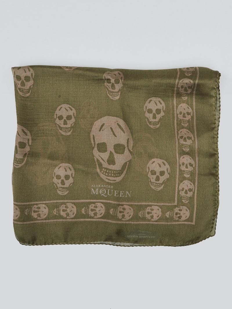 Alexander McQueen Green/Tan Silk Chiffon Classic Skull Scarf
