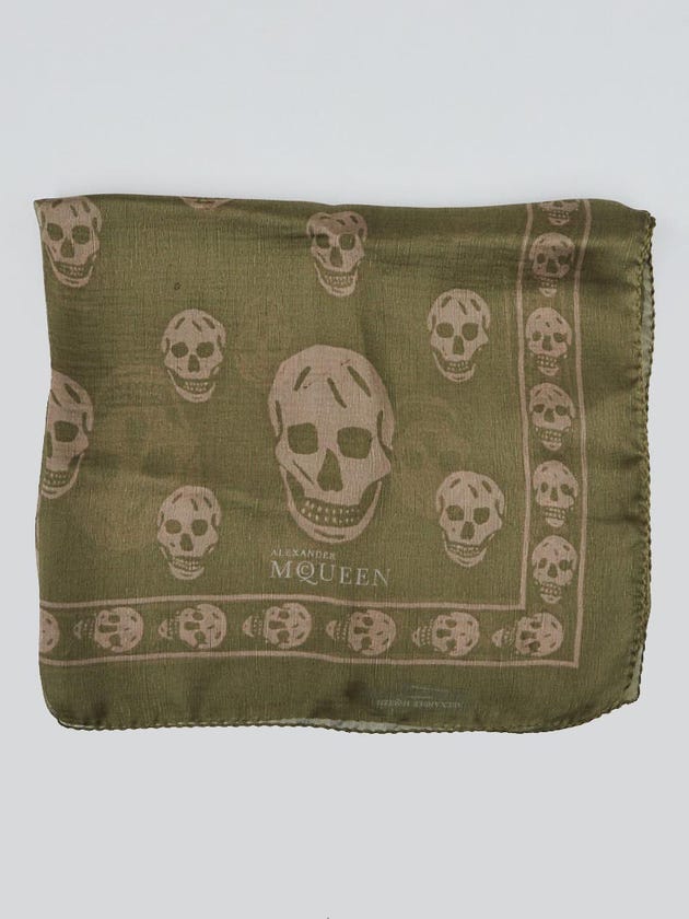 Alexander McQueen Green/Tan Silk Chiffon Classic Skull Scarf