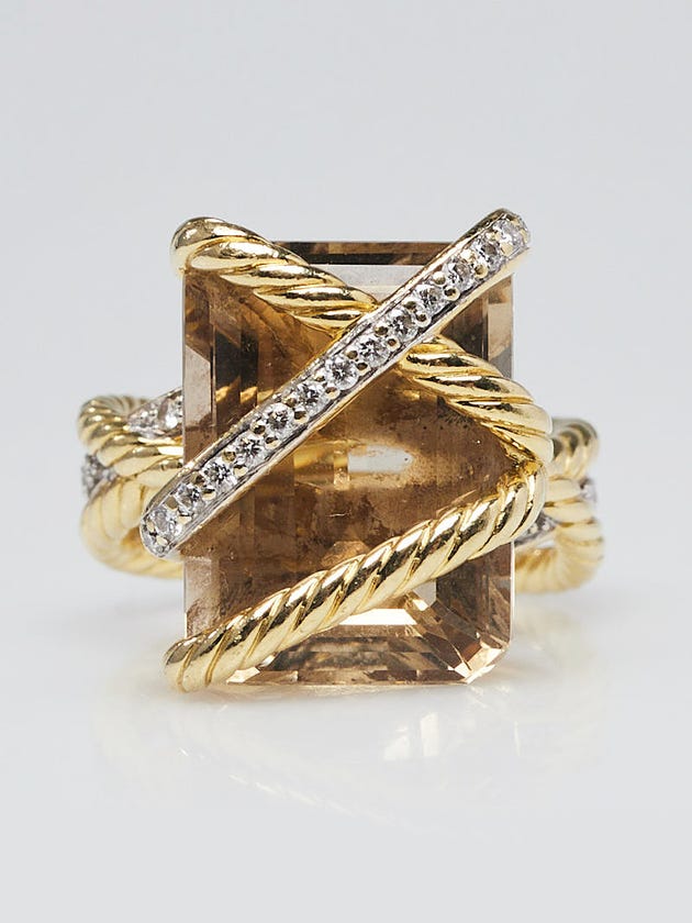 David Yurman 18k Yellow Gold Champagne Citrine and Diamonds Cable Wrap Ring Size 5