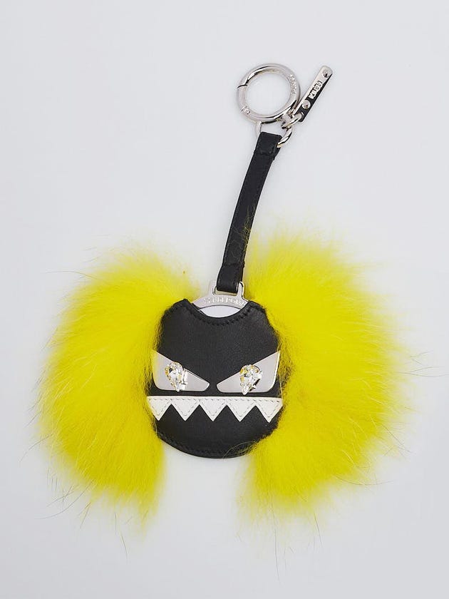 Fendi Black Leather Yellow Fur Buggies Mirror Bag Charm Key Chain