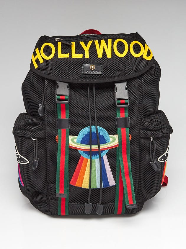 Gucci Black Mesh Fabric Hollywood Embroidered Drawstring Backpack ...