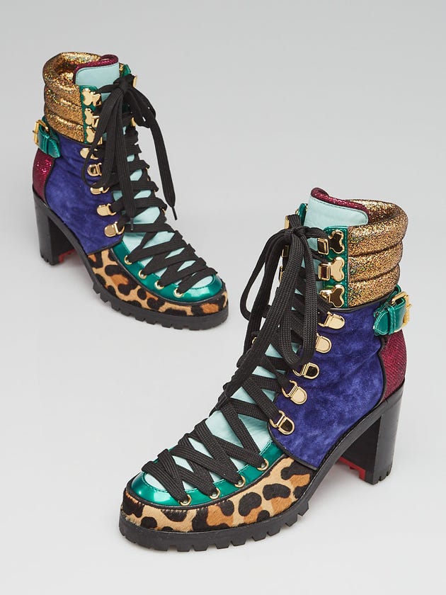 Christian Louboutin Multicolor Suede and Pony Hair Who Runs Lace Up 70 Boots Size 6.5/37