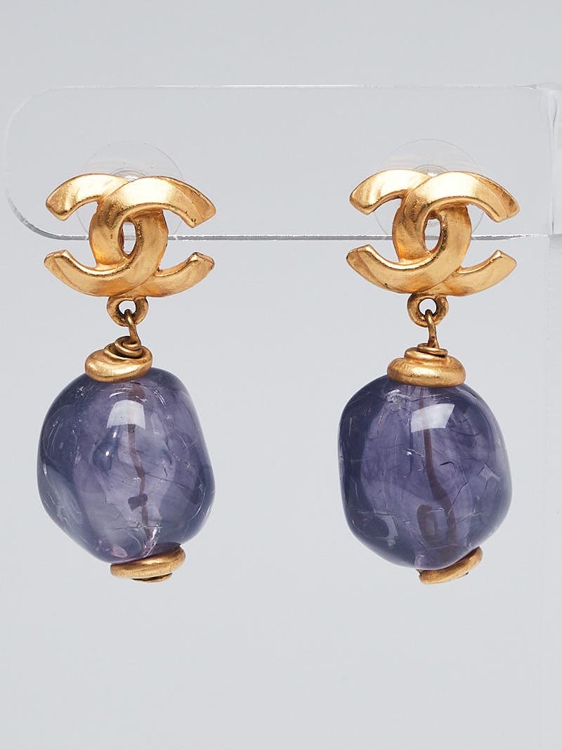 Chanel Goldtone Metal CC and Purple Bead Drop Earrings - Yoogi's Closet