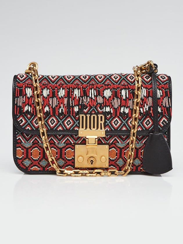 Christian Dior Black Calfskin Leather Multicolor Beaded Dioraddict Chain Shoulder Bag