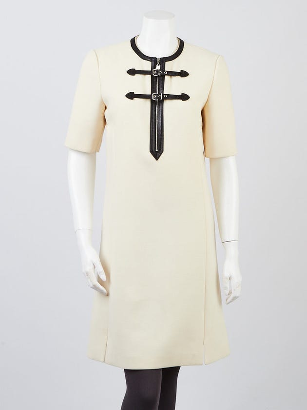 Louis Vuitton Cream Wool/Leather Short Sleeve Dress Size 6/38
