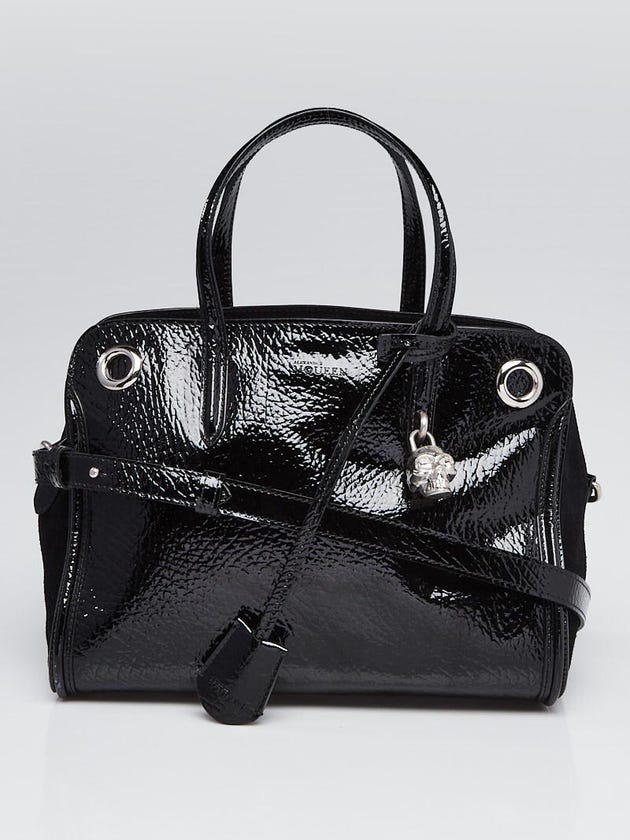 Alexander McQueen Black Patent Leather Eyelet Padlock Small Satchel Bag