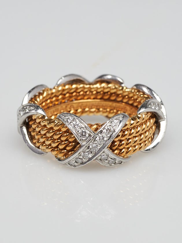 Tiffany & Co. 18k Yellow Gold, Platinum and Diamonds Schlumberger Rope Four-Row X Ring Size 6.5