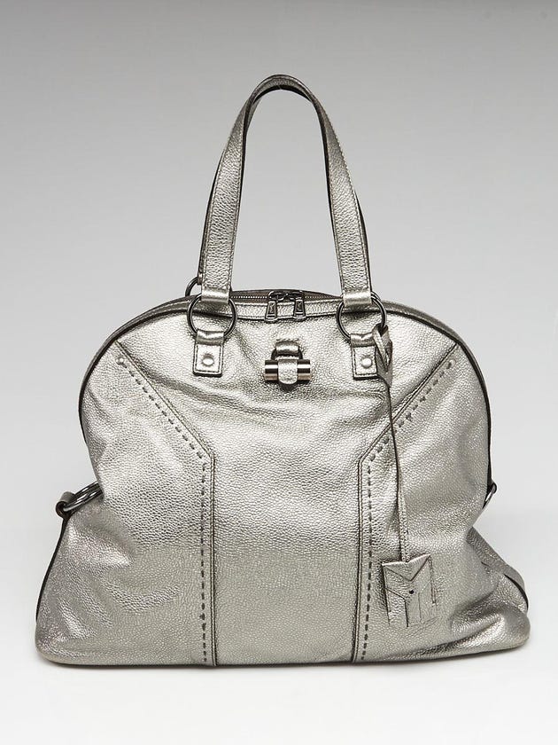 Yves Saint Laurent Metallic Silver Pebbled Leather Oversized Muse Bag