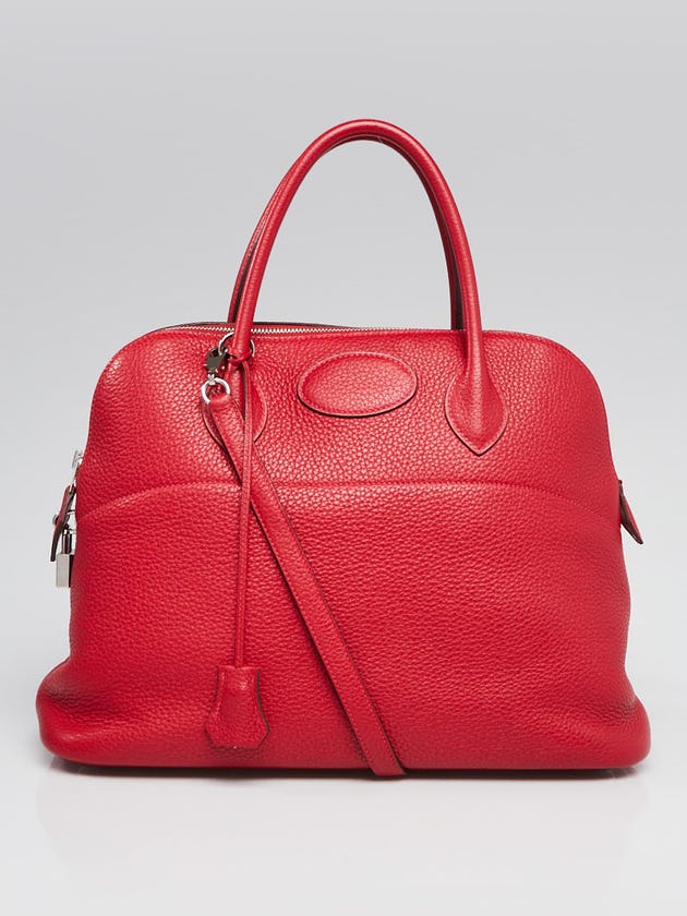 Hermes 35cm Rouge Casaque Clemence Leather Palladium Plated Bolide Bag