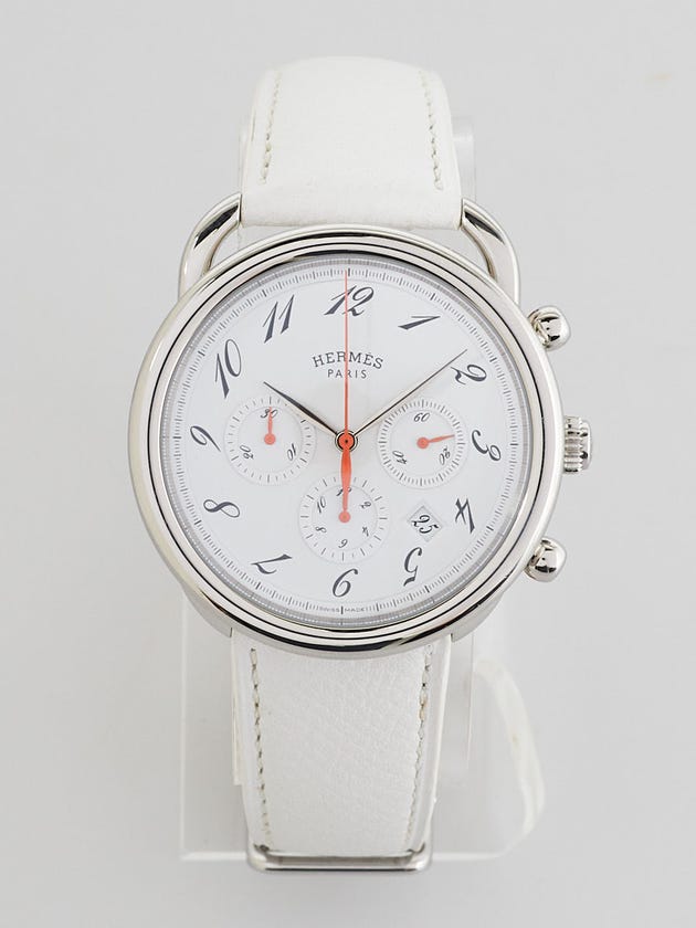 Hermes 43mm Stainless Steel and White Epsom Leather Arceau TGM Automatic Chronograph Watch