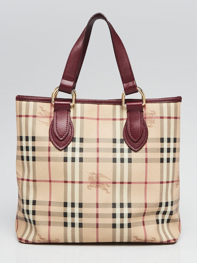 Burberry Haymarket Check Coated Canvas Burgundy Leather Small Regent Tote Bag