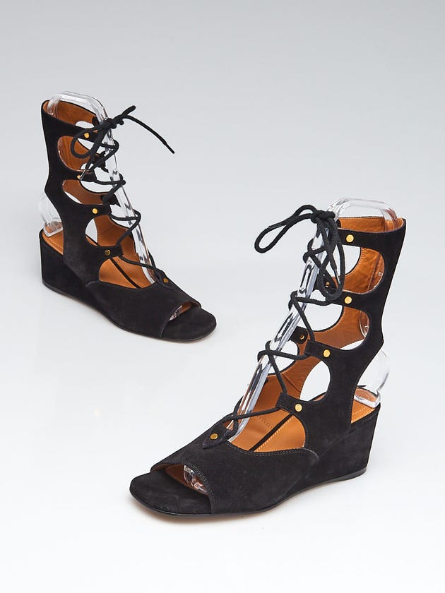 Chloe Black Suede Foster Gladiator Lace-up Wedge Sandals Size 7.5/38