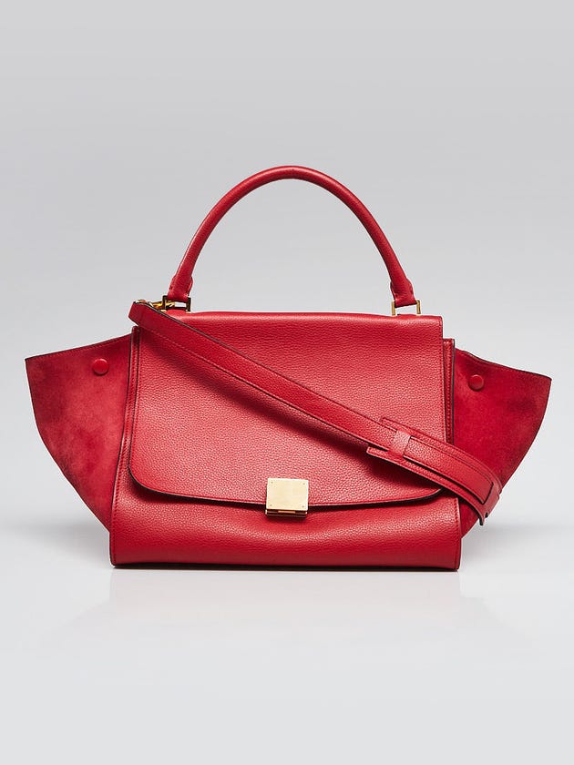 Celine Red Grained Leather and Suede Medium Trapeze Bag