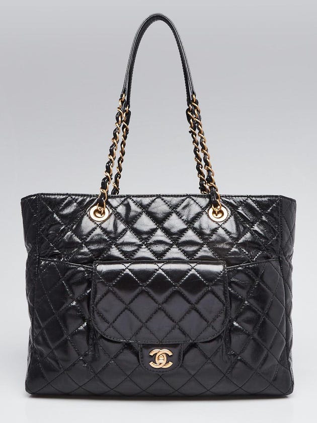 Chanel Black Quilted Glazed Leather Front Pocket Large Tote Bag