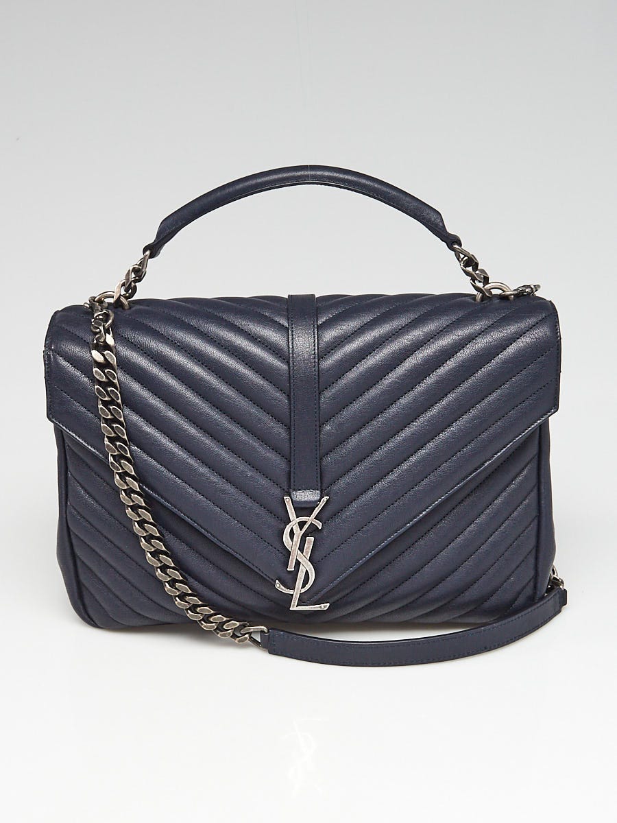 Yves Saint Laurent Navy Blue Chevron Quilted Leather Monogram