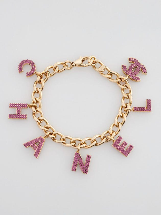 Channel Charms Chanel Goldtone and Purple Crystals Logo Charm Bracelet | Yoogi's Closet