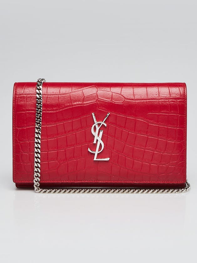 Yves Saint Laurent Red Croc Embossed Leather Monogram Chain Wallet Clutch Bag