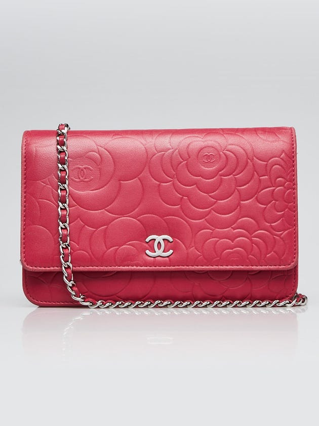 Chanel Pink Lambskin Leather Camellia Embossed WOC Clutch Bag