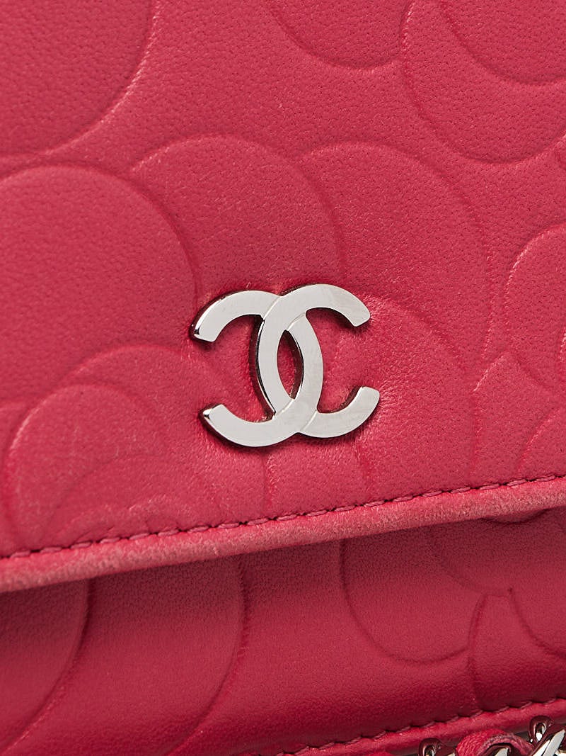 Chanel Pink Lambskin Leather Camellia Embossed WOC Clutch Bag