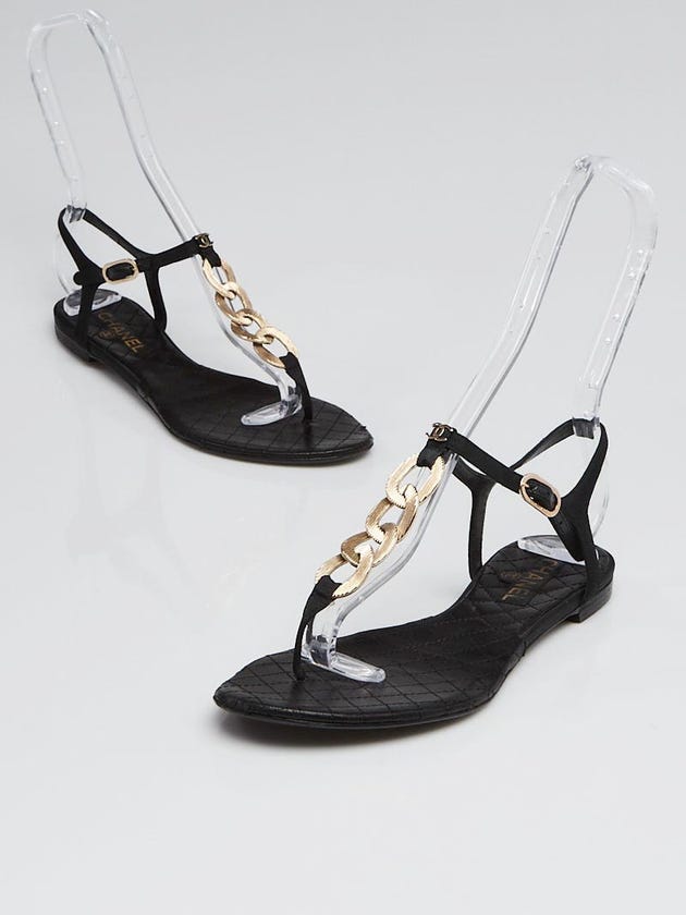 Chanel Black Satin and Leather T-Strap Chain Sandals Size 8.5/39